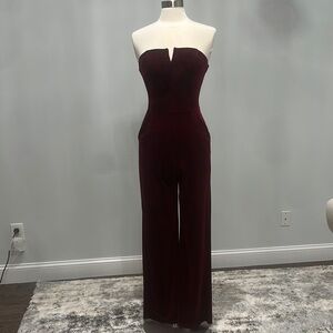 Elegant Burgundy Velvet Jumpsuit with Strapless Wide-Leg Design